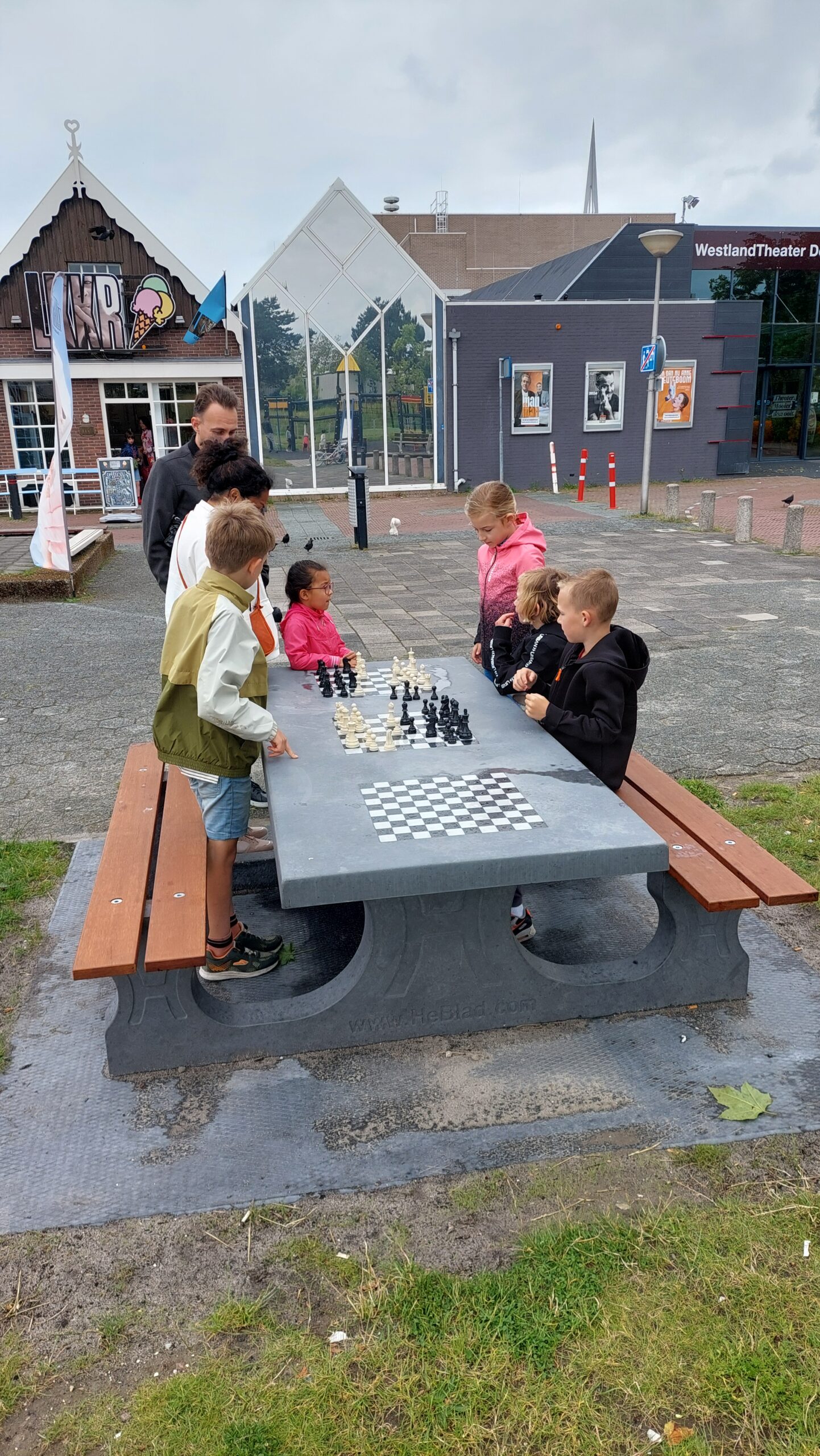 Schaken spelen of leren bij openbare schaakdamtafel bij De Naald