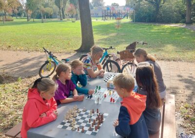 Schaken spelen of leren bij openbare schaaktafel Dreespark